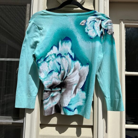 WHBM (White House Black Market) Turquoise Floral Cardigan, Size S - Picture 3 of 5
